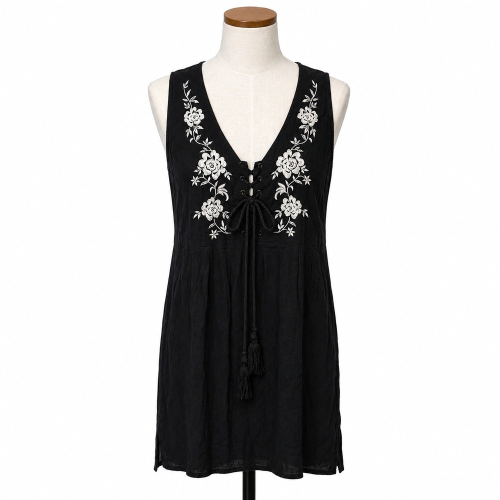 Whimsigoth Floral Embroidered Lace Up Tunic Top Black Boho Romantic